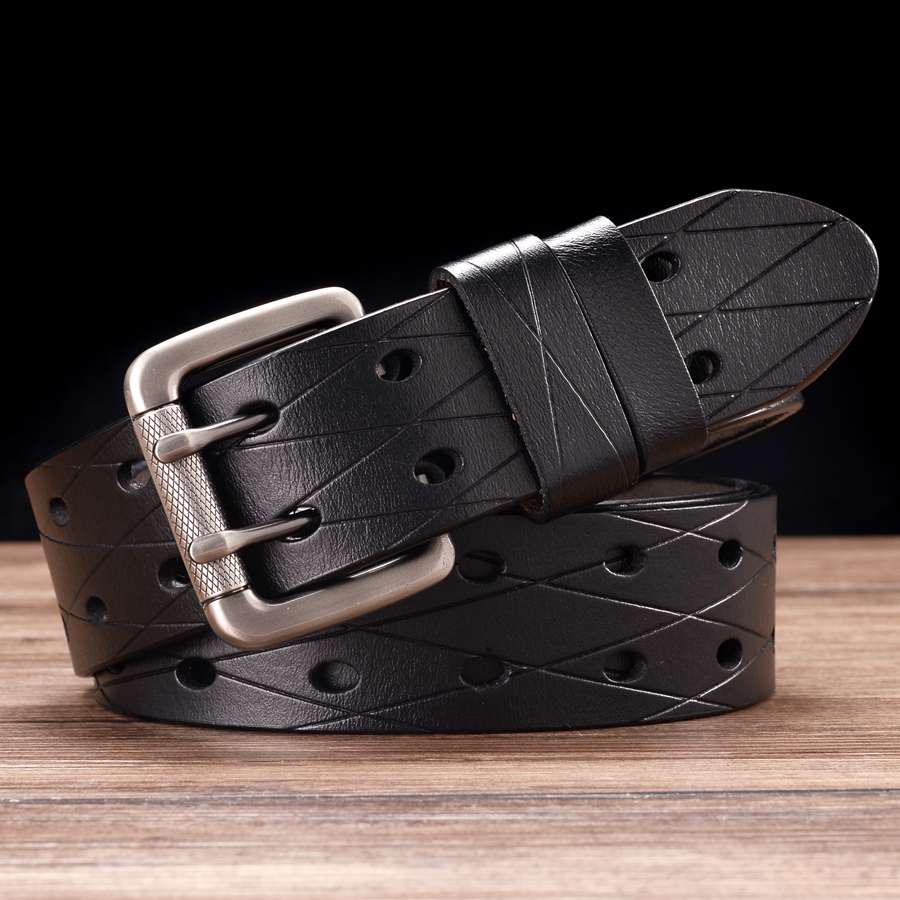 Men&#39;s Leather Double Prong Belt Classic Double Row Hole Belt Universal Hollowed Out Belt Jeans Men Waistband NEW Belts for Men