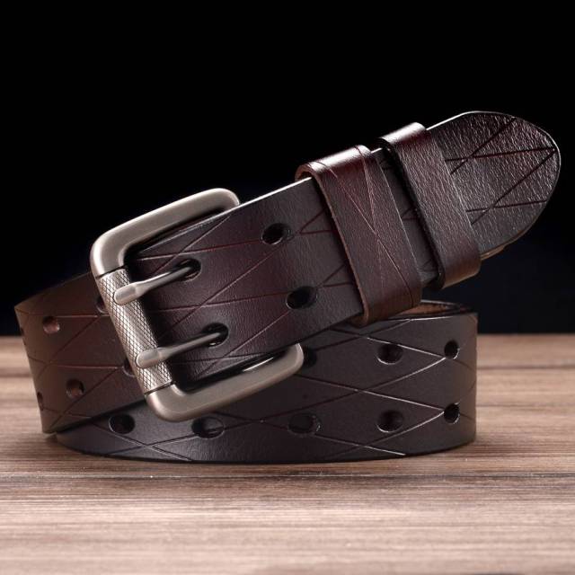 Men&#39;s Leather Double Prong Belt Classic Double Row Hole Belt Universal Hollowed Out Belt Jeans Men Waistband NEW Belts for Men