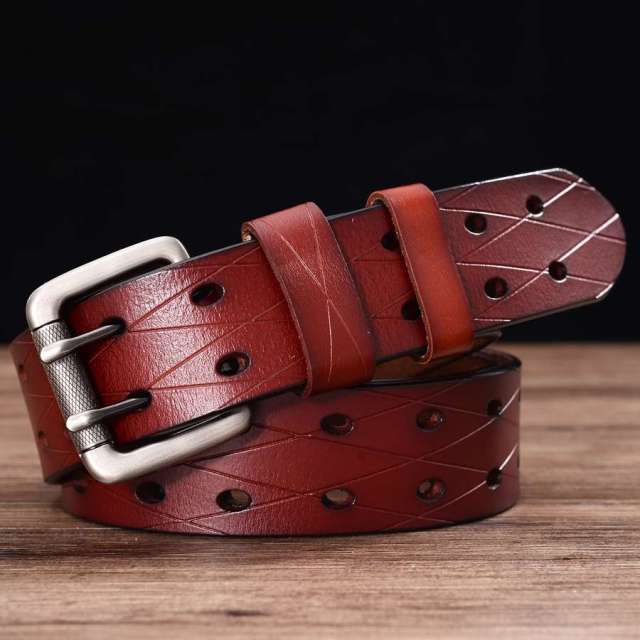 Men&#39;s Leather Double Prong Belt Classic Double Row Hole Belt Universal Hollowed Out Belt Jeans Men Waistband NEW Belts for Men